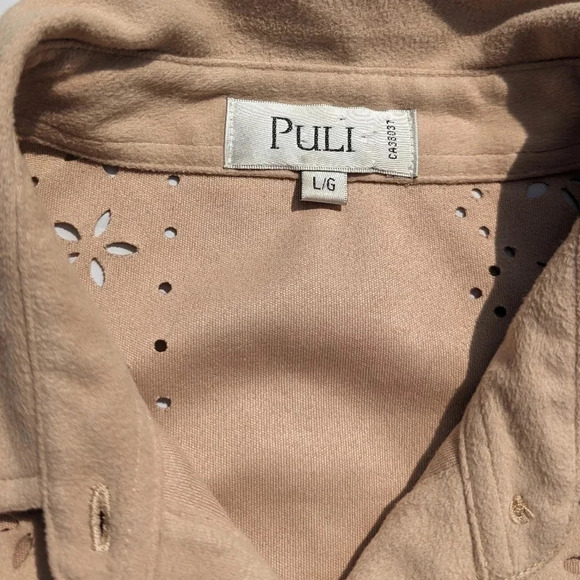 Vintage Puli Tan Button Down Floral Cut Out Blouse Velour  Style Large Festival - Picture 5 of 8